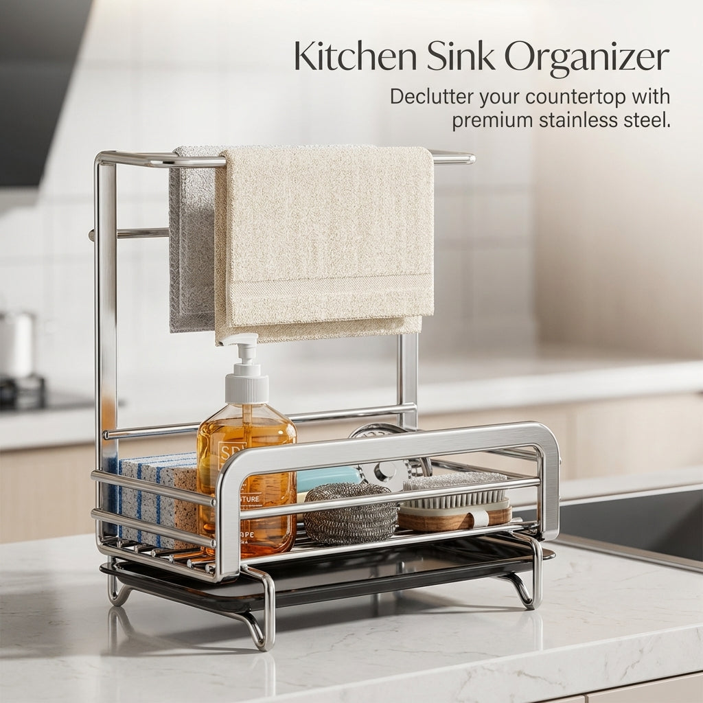 Sink Organizer for Kitchen with Punch Wall Mounted Design, 201 Stainless Rack & Dish Drying Countertop drain Tray for Tidy Organization