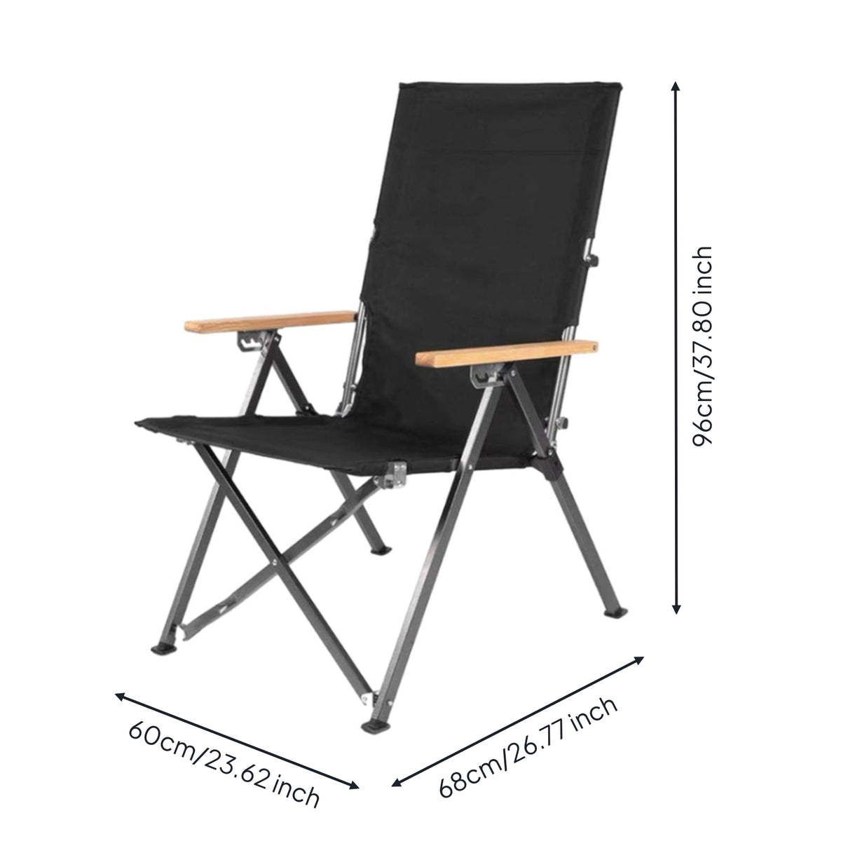 Folding Lounge Chair with Wooden Armrests Foldable Outdoor Recliner Metal Frame Weather-Resistant Patio Chair with Armrests for Backyard