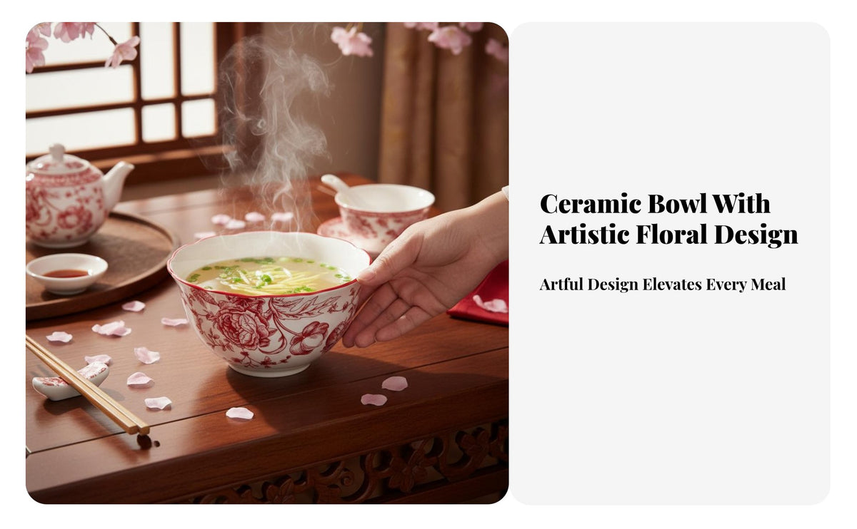 Ceramic Bowl Set, Chinese Floral Pattern, Red Dinnerware, Elegant Tableware
