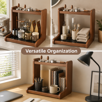 2 Tier Bamboo Shelf, Kitchen Shelf Organiser for Countertop, 40cm Warm Brown Desktop Storage Rack, Timeless Spice Tea Coffee Station