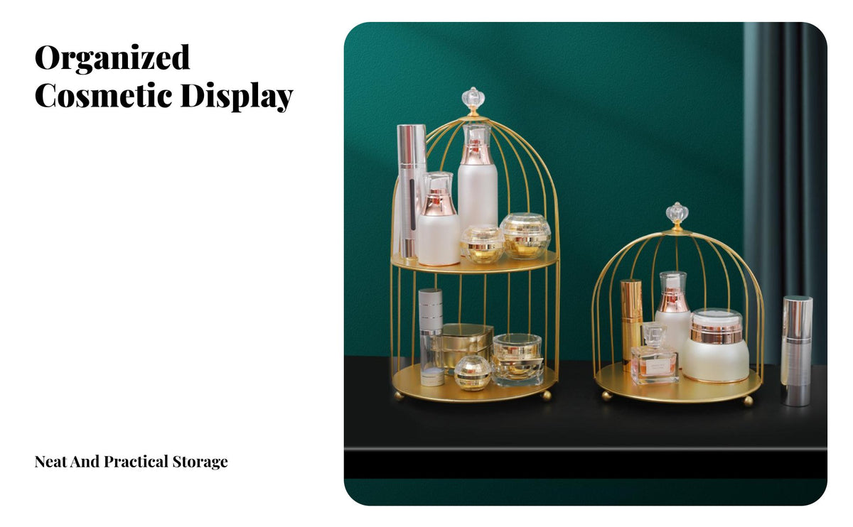 Gold Birdcage Makeup Rack Elegant Design Birdcage Cosmetic Rack Space-Saving Bird Cage Cosmetic Organizer for Women, Bedroom, Dresser, Washroom