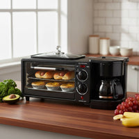 3-in-1 Breakfast Machine Non-Stick 3-in-1 Breakfast Station Toaster Oven with Coffee Maker Easy-to-Use Appliance Simple Controls