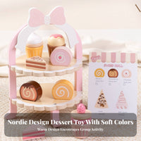 Promotes Interactive Play Pretend Afternoon Tea Set Solid Wood Construction Afternoon Tea Playset Develops Social Skills Wooden Dessert Stand Playset Realistic Design for Preschoolers, Toddlers, Playhouse