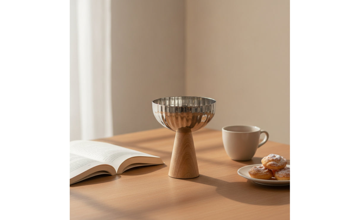 Fruit Bowl with Pedestal Base Stainless Steel Fruit Bowl with Wooden Base Reflective for Kitchen Counter