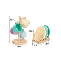 Wooden Play Dishes Set Pastel Pretend Play Tableware Toy Dishes with Stand, for Kids