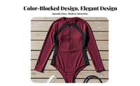 Zip Front Single Piece Bathing Suit Close-Fitting Long Sleeve Zip up Bathing Suit Contrasting Color Panels Single-Piece Bathing