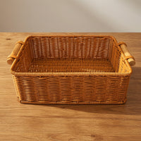 Basket with Wooden Handles Rectangular Woven Tray Rustic Organizer for Countertop, Picnic