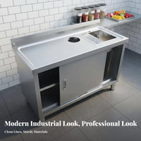 Stainless Steel Sink Workbench Built-in Garbage Disposal Opening Food Prep Station Sink Sliding Doors Commercial Kitchen Work Table for Chefs, Cafe