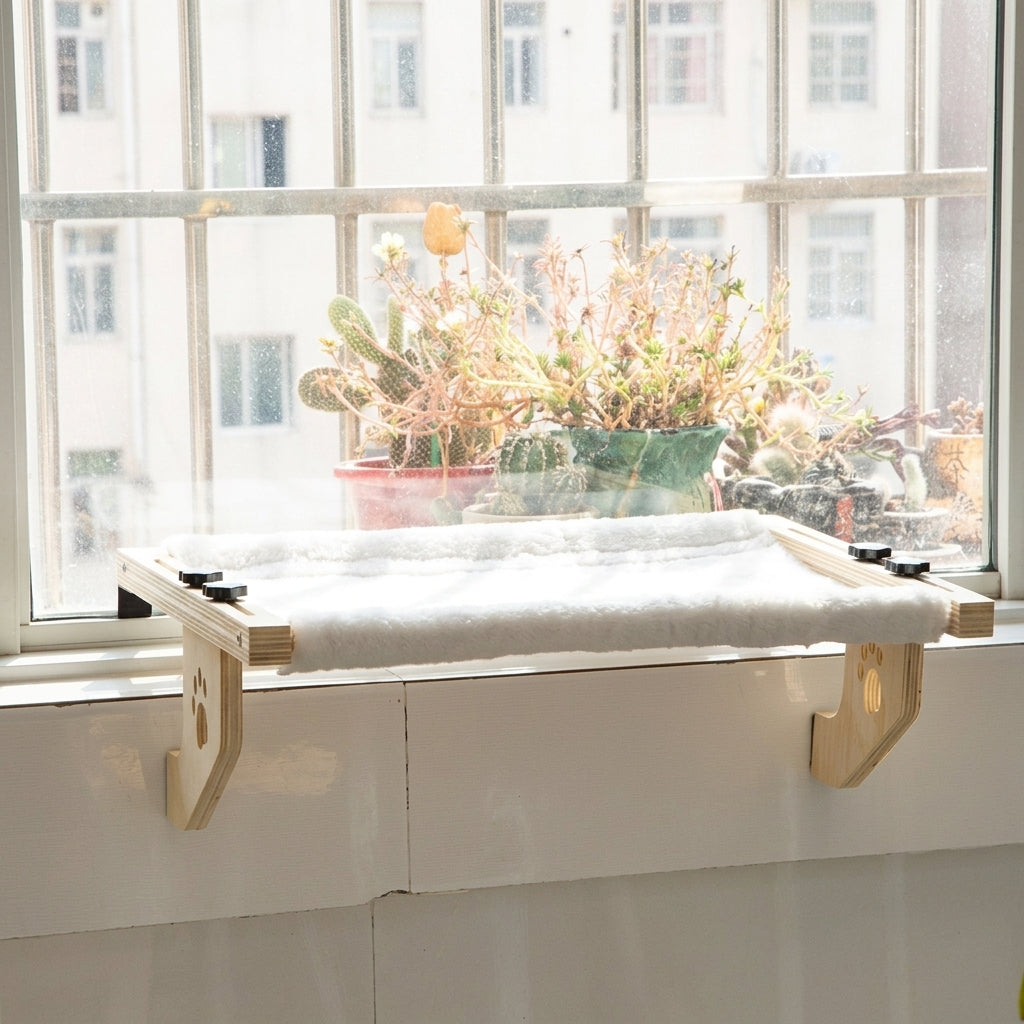 Hanging Cat Bed Window Hammock, Foldable Wood Frame Indoor Perch Sturdy for Balcony or Floor, Hooks Over Windowsill Space Saving Furniture