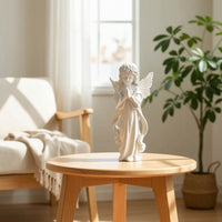 Angel Figurine with Flower Crown Tabletop Standing Angel Statue Figurine with Wings Desktop Sculpture White for Desk, Shelf
