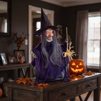 Witch Decoration with Glowing Eyes Halloween Glowing Witch Decoration Prop Animated Sound-Activated for Haunted Houses, Porch