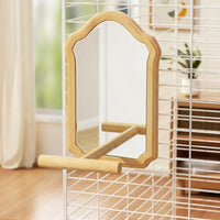 Bird Cage Mirror with Solid Wood Perch, Arched Rectangle Acrylic Bird Mirror Toy and Stand, Enrichment Companion Bird Toy for Budgie Accessories