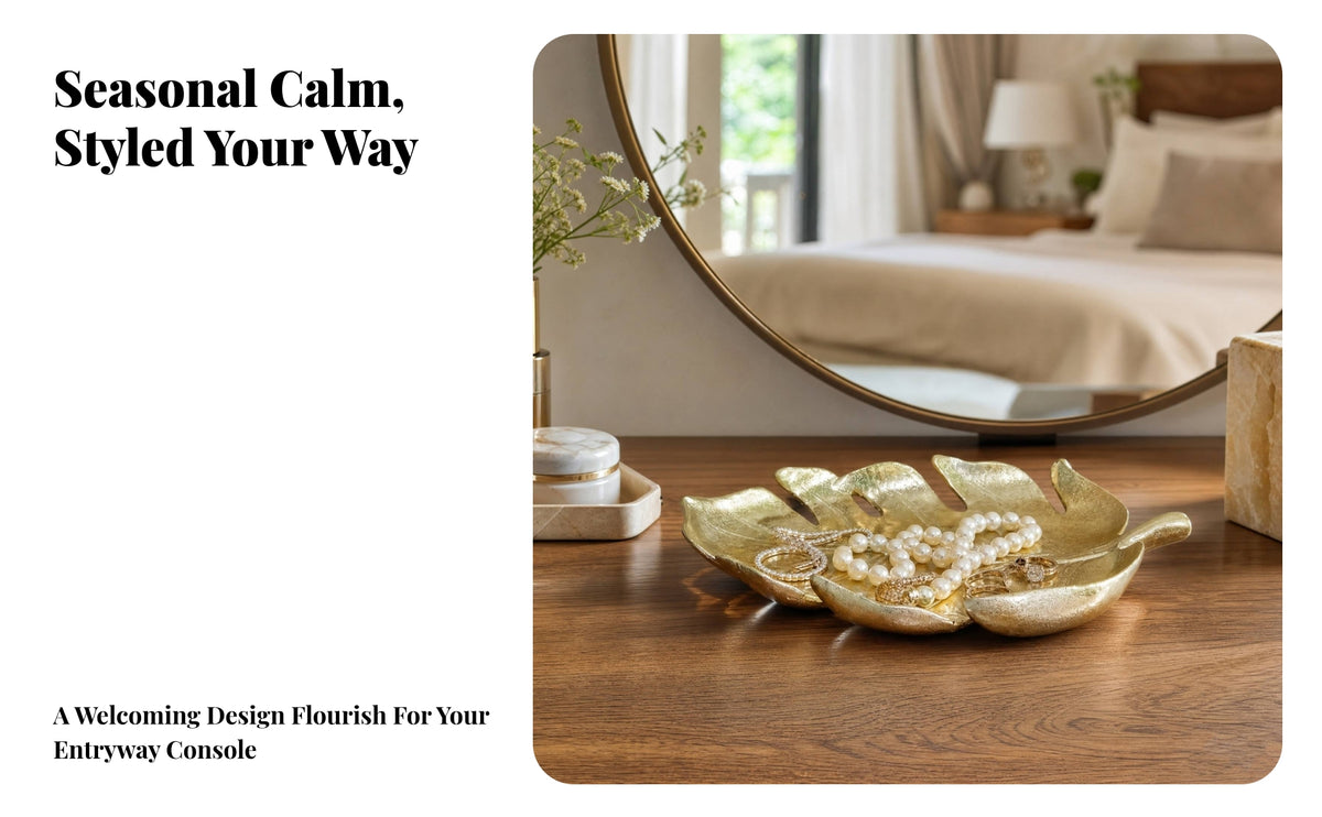 Gilded Foliage-Shaped Tray with Stem | Embossed Detailing, Leaf Tray, for Vanity
