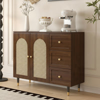 Storage Cabinet with Rattan Doors Wood-Grain Rattan Sideboard Wooden Floor Cabinet with Legs for Renters, Dining Room, Entryway, Kitchen