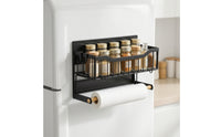 Spices Rack with Paper Towel Holder Space-Saving Storage Rack with Wooden Rod Moveable for Kitchen