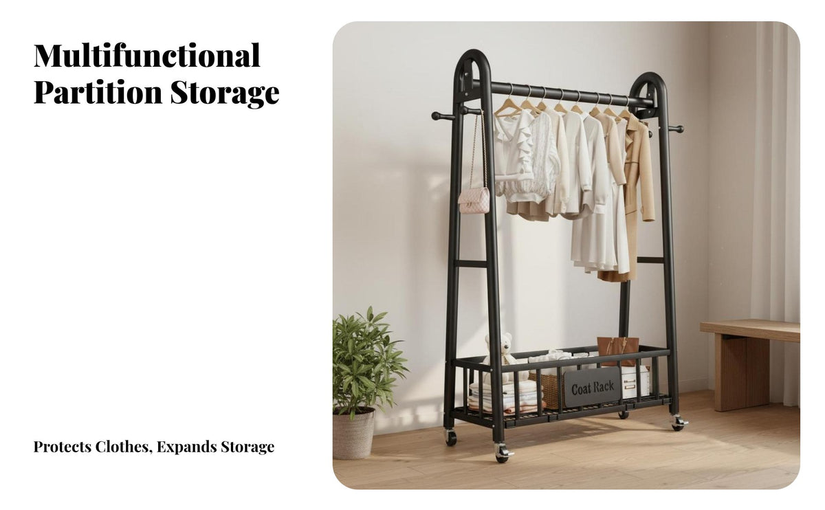 Easy Installation Rolling Clothes Rack Minimalist Design Clothing Rack on Wheels Stable Structure Clothes Hanging Stand on Wheels Space Saving for Homeowners, Apartment Dwellers, Students, Bedroom, Balcony, Laundry Room, Entryway