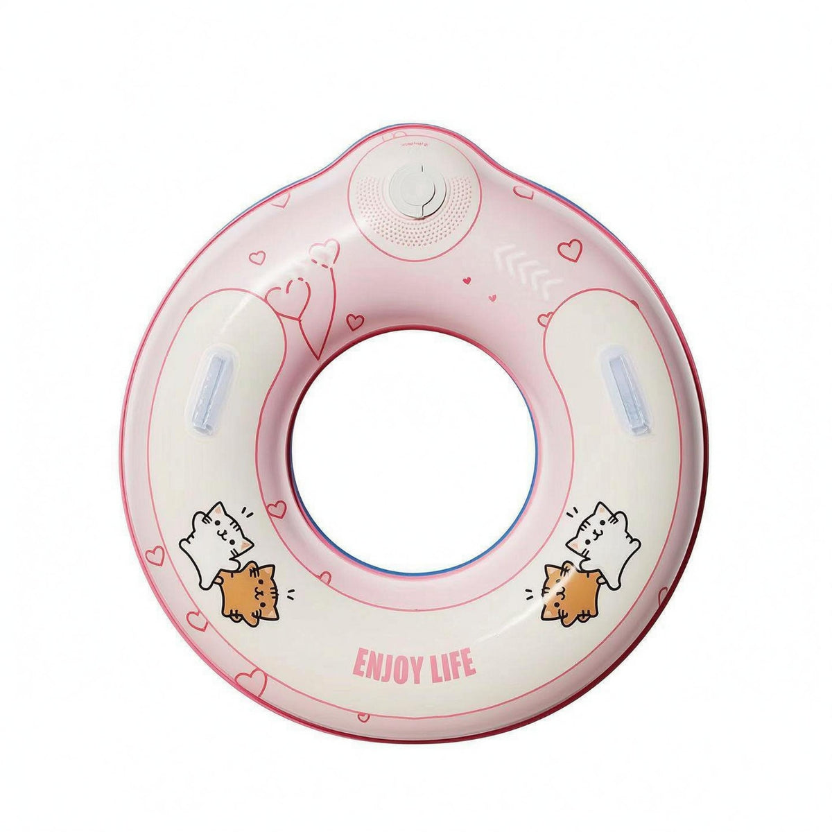 Built-in Valve Pink Donut Pool Float Glossy Cat Print Swim Float Side Handles Donut Swim Buoy for Swimming