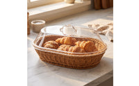 Woven Food Basket with Acrylic Dome Shallow Bread Basket with Acrylic Lid Countertop for Kitchen Counter