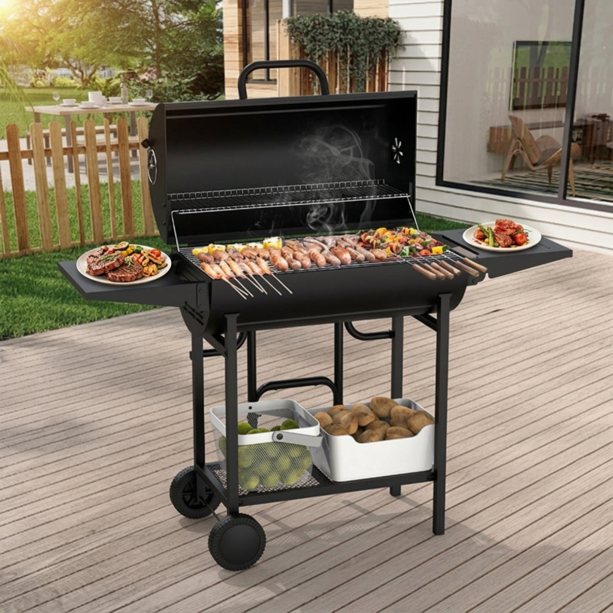 Outdoor Charcoal Grill with Side Tables Lidded Barbecue Grill with Side Table Portable Easy to Clean for Patio, Garden