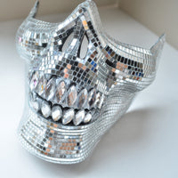Mirrored Horned Skull Mask Mosaic Half Face Skull Mask Reflective Costume Accessory Gleaming Finish