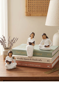 Nordic Minimalist Reading Girl Resin Figurine Set for Bookshelf Decor