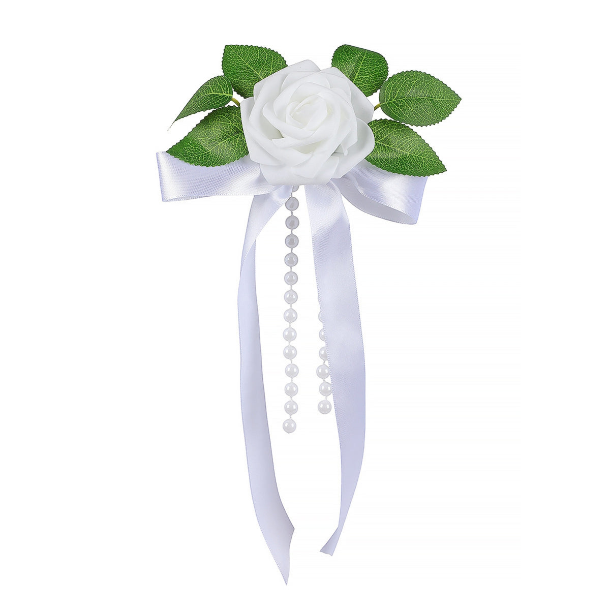 Satin Car Mirror Flower with Pearls Lightweight Wedding Car Flower with Ribbon Ornamental Artificial Rose with Streamers Vivid for Brides