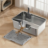 Stainless Steel Cat Toilet with Lid, Large Adult Cats Tray, Easy Cleaning Side Entry Pan for Kitten and Big Pets