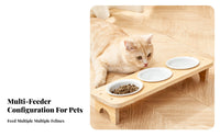 Anti-Tipping Triple Ceramic Pet Bowl with Wooden Stand Easy to Clean Elevated Cat Bowl Set Microwave Safe for Multiple Pets, Small Dogs