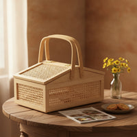Woven Basket with Lid Handwoven Wicker Basket with Lid Portable for Home Storage