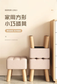 实木凳子家用客厅可叠放板凳网红小凳子茶几凳沙发凳儿童矮凳方凳 【中号天蓝色】-加厚柔软坐垫-全实木凳腿30*30*26cm
