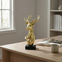 Gold Deer Figurine Tabletop Deer Sculpture with Base Shiny Figurine with Pedestal Stand Modern for Homeowners, Bookshelf