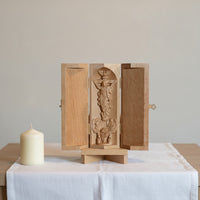 Folding Triptych Tabletop Carving with Hinged Panels Hand-Carved Shrine for Collectors, Desk