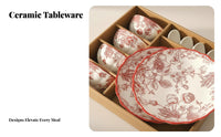 Ceramic Bowl and Plate Set, Red Floral Wedding Tableware, Gift Box, High-End Dinnerware for Newlyweds, Festive Chinese Design