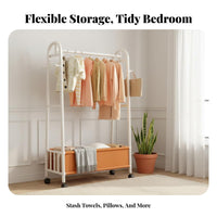 Multifunctional Rolling Clothes with Shelf Heavy-Duty Rolling Clothing Organizer with Basket Lockable Casters Garment Rack Large Capacity for Homeowners, Renters, Students, Bedroom, Entryway, Laundry Room, Closet