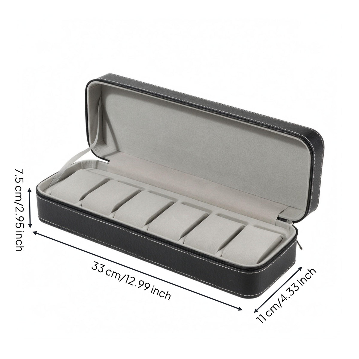 Zipper Closure Zippered Watch Case Cushioned Slots Padded Watch Organizer Leather-Like Contrast Stitching