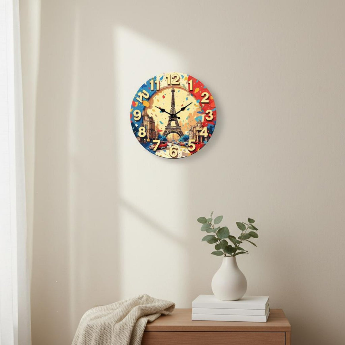Easy to Hang Round Wooden Look Clock Quartz Movement Vintage Design Wall Clock Battery Operated for Bedroom, Living Room, Kitchen