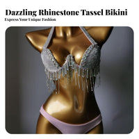 Rhinestone Tassel Bikini Adjustable Straps Glittering Nightclub Bikini Push Supportive Construction Glittering 2 Piece Bathing Suit for Dancers
