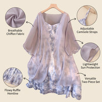 Wedding Guest Dress and Jacket Set for Women with Floral Print, Plus Size Backless Ruffle Two Piece with Cardigan, Extended Sizing