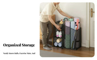 Exercise Mat and Ball Holder Movable with Wheels Rolling Exercise Mat Cart Space Saving Home Gym Equipment Rack for Families, Small Areas, Garage