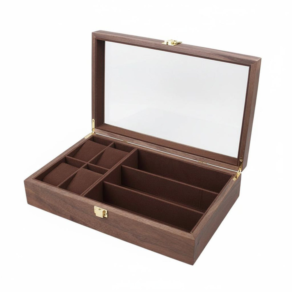 4 Compartment Watch 3 Compartment Glasses Holder Multi-Functional Compartments Wooden Watch and Glasses Box Walnut Wood Jewelry