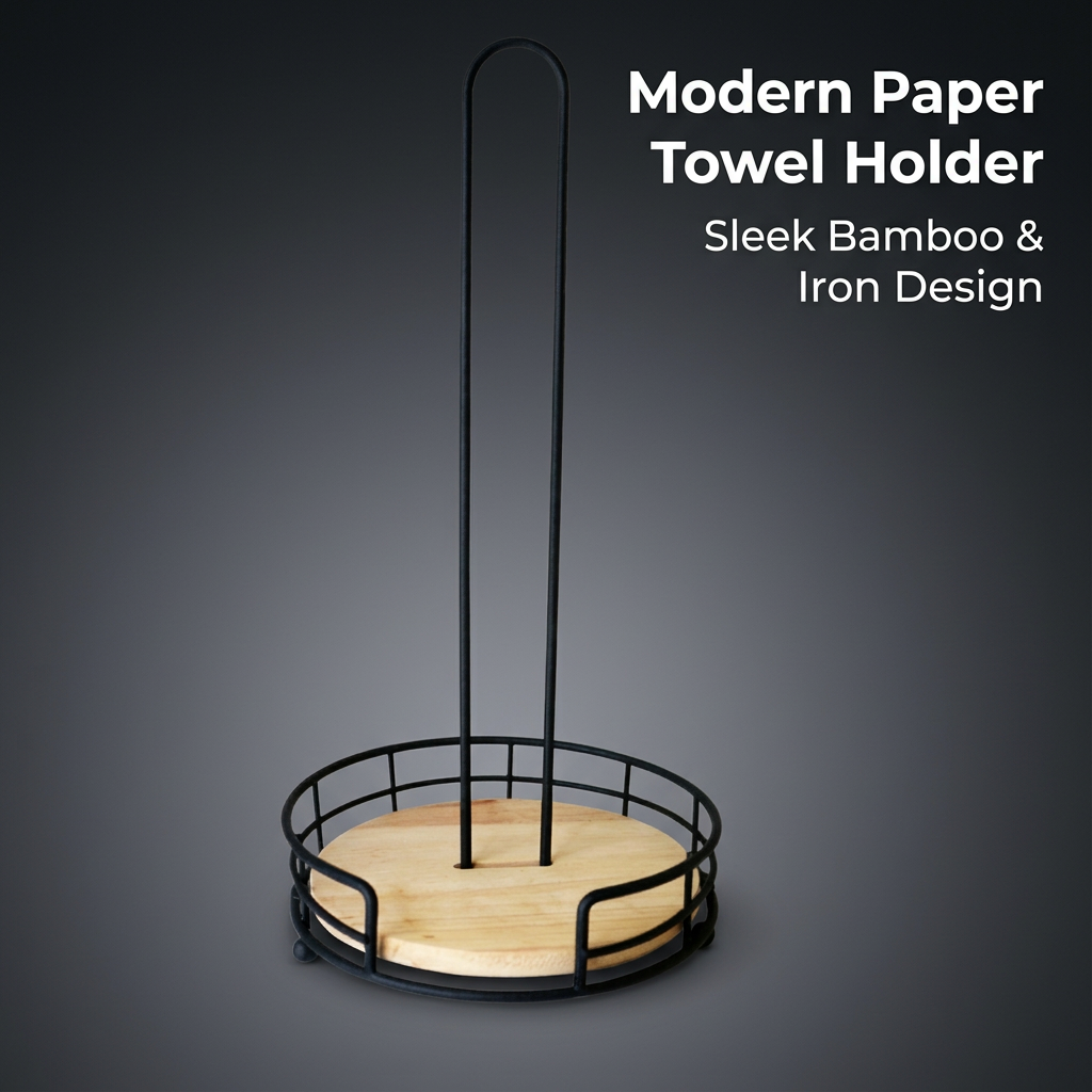 Kitchen Roll Holder, Paper Towel Holder for Kitchen Counter, Iron Wood Base, Easy Access Roll Holder