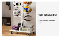 Space Saving Ball Storage Rack Versatile Basketball Stretching Mat Rack Easy Assembly Multi-Tier Sports Equipment Holder Heavy Duty for Families, Kids, Home Gym, Playroom