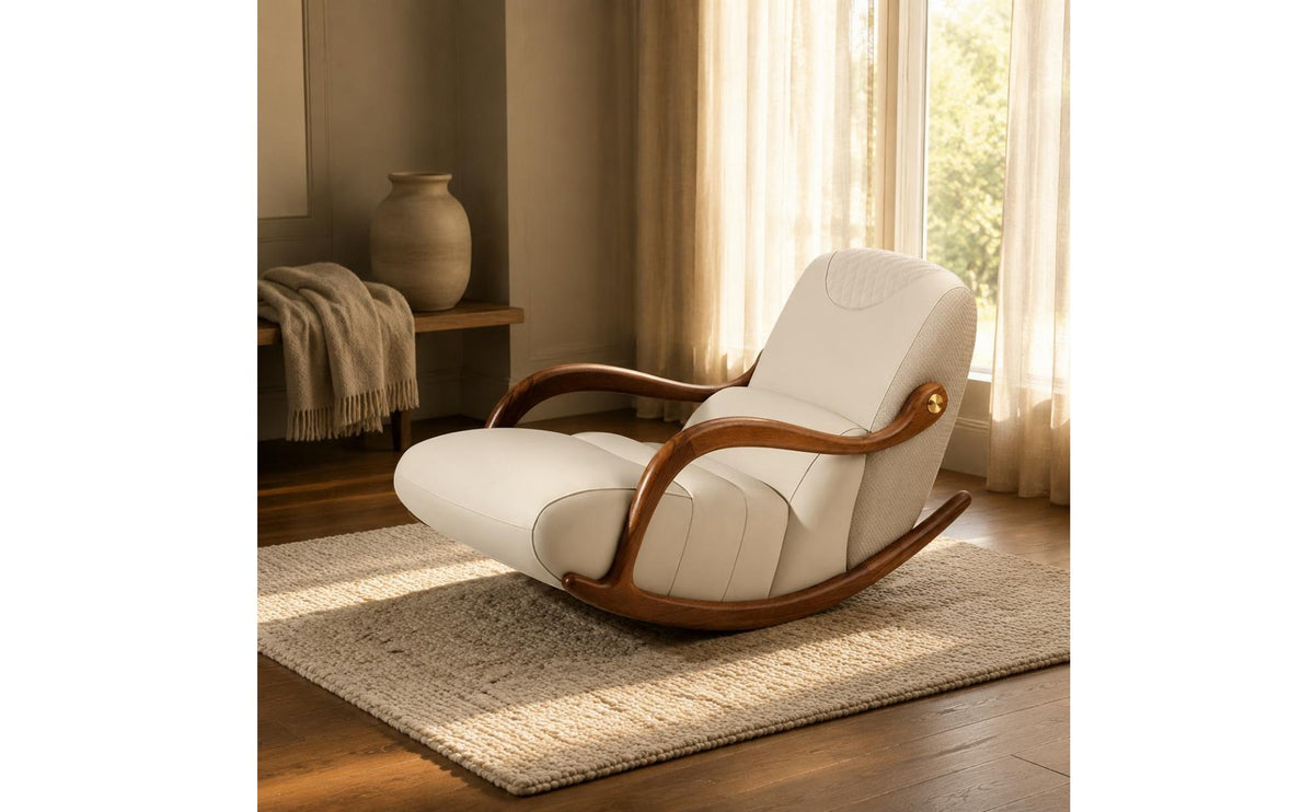 Rocking Lounge Chair Artistic Design Leather Recliner Solid Wood Single Sofa Chair