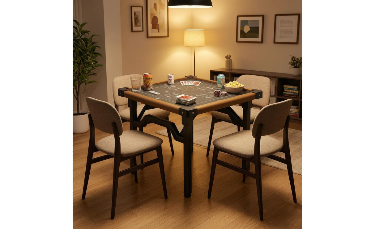 Brown Border Trim Square Folding Table Black Metal Frame Portable Card Table Adjustable Feet Event Furniture Reinforced Corner Joints