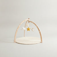 Padded Wooden Play Gym with Mat Triangular Infant Play Gym with Hanging Toys Freestanding Natural for Babies, Infants, Newborns, Tummy Time, Nursery, Playroom