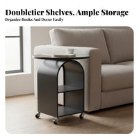 Mobile with Wheels Rolling Side Stand Tempered Glass Surface 3-Tier Rolling Stand Space-Saving Design End Table Small Footprint for Apartment Dwellers, Homeowners, Office Workers, Living Room, Bedroom, Balcony, Kitchen
