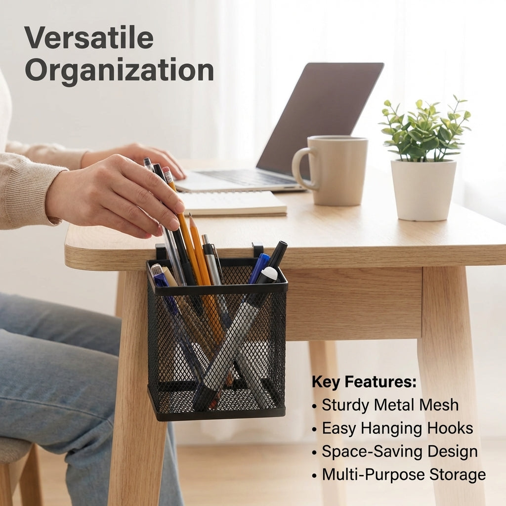 Metal Office Organizer with Pen Holder, Desktop Storage File Rack for Students, Stationery for Desk, Black