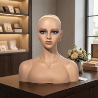 Mannequin Head with Shoulders Realistic Female Mannequin Bust Bald Hairpiece Display Head for Cosplayers, Jewelers