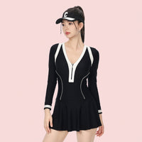Swimsuit for Girls and Women with Long Sleeves for Sun Protection, Ribbed One Piece with Padded Chest for Comfort