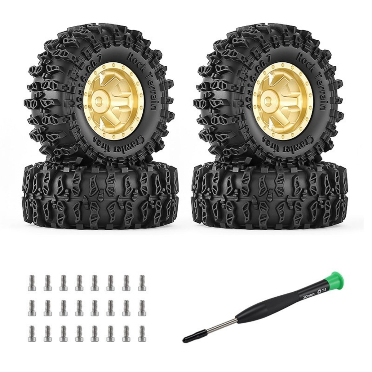 4 Pieces off-Terrain RC Crawler Wheel Set Knobby Crawler Wheels with Brass Hubs Aggressive Wheels with Tires Multi-Spoke for Hobbyists, Rock Crawling, Trail Running